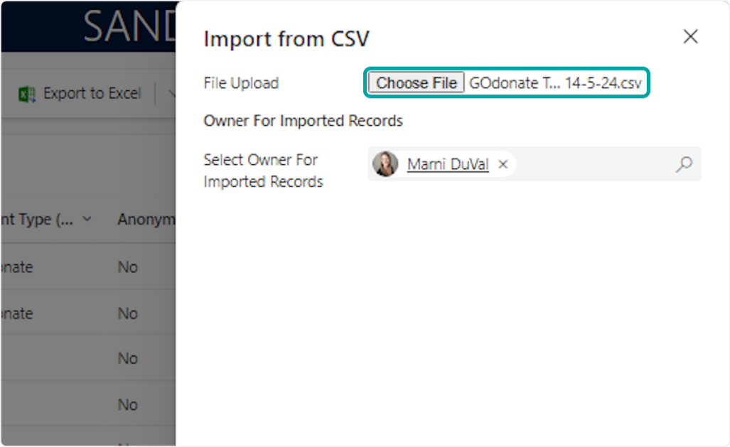 Click "Choose File" and select your .CSV file of gift records