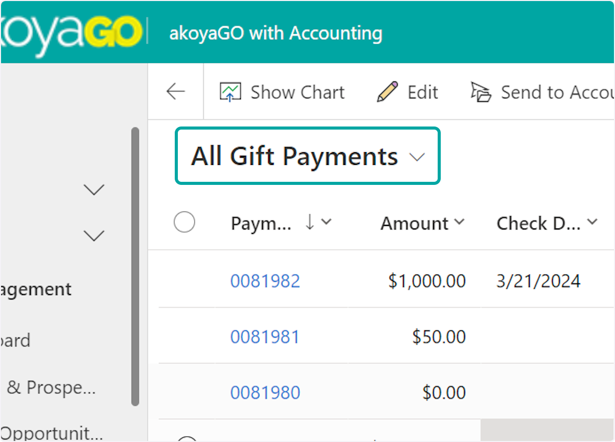 In Gift Payments, Click on dropdown carrot and click "Gift Payments that Qualify for Foundation Matching