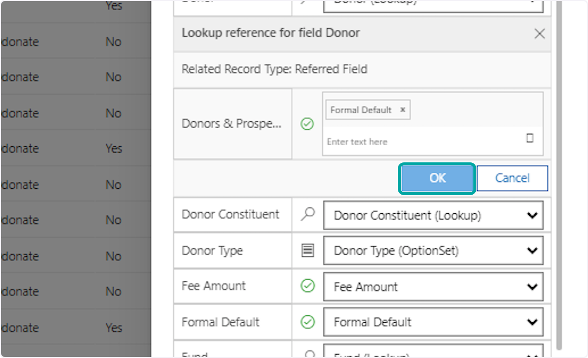 In this example, we are mapping the column labeled "Donor" in our spreadsheet to the "Formal Default" field on a "Donors & Prospects" record.